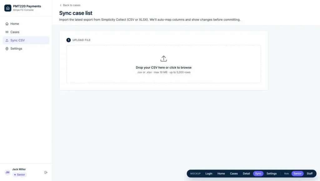 “Payment operations CRM sync screen with an upload area for importing a case list from a CSV or XLSX file.”