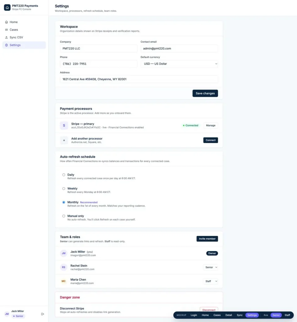 “Payment operations CRM settings page showing workspace details, Stripe connection, automatic refresh schedule, and team roles.”