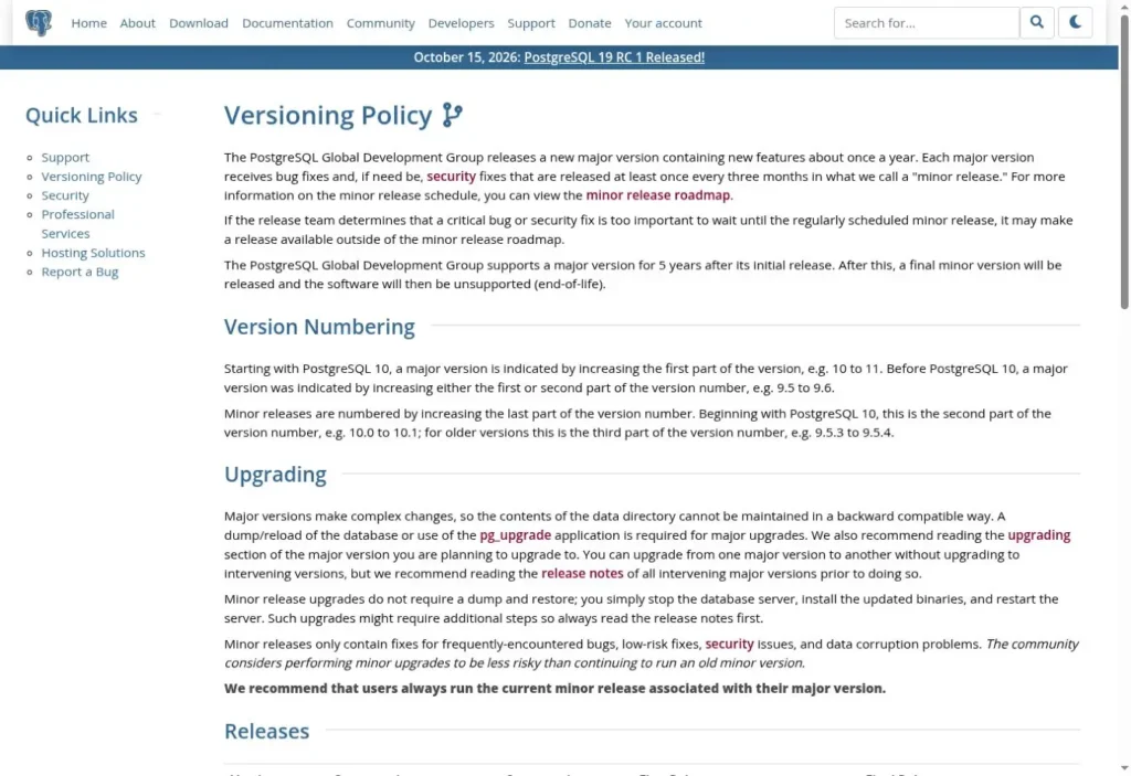 The PostgreSQL versioning policy page showing the five-year major version support window and end-of-life dates.