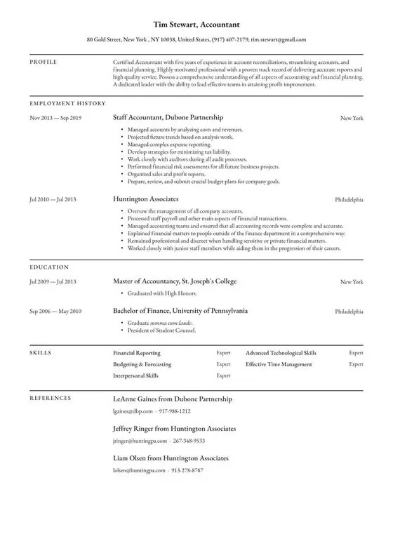 “Accountant resume template showing a professional profile, employment history, education, skills, and references.”