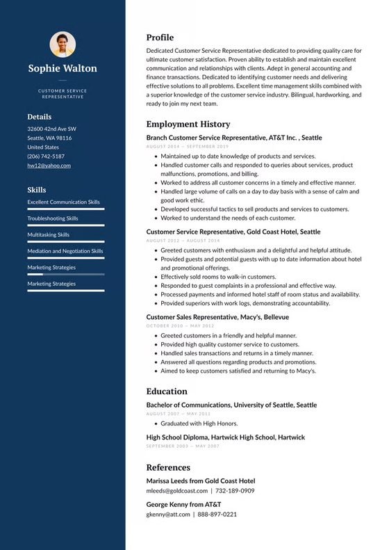 “Customer service representative resume template with a navy skills sidebar, profile photo, work history, education, and references.”