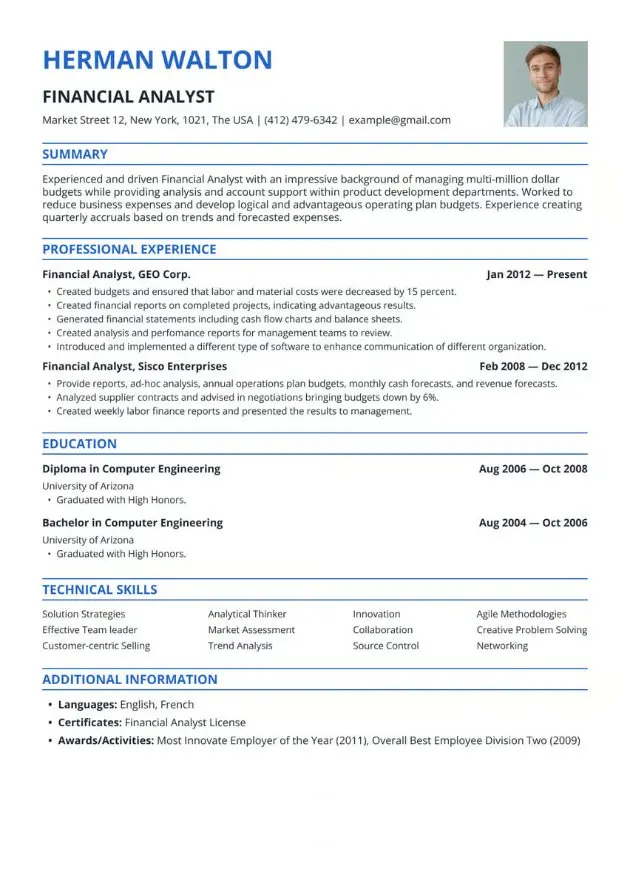 Sample financial analyst resume with a profile photo and sections for experience, education, technical skills, and additional information.”