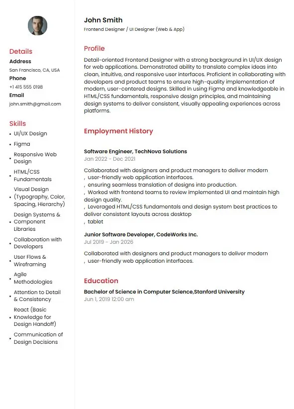 “Two-column frontend designer resume template with a profile photo, skills sidebar, employment history, and education.”