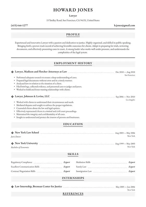 “Lawyer resume template with sections for a professional profile, employment history, education, skills, internships, and references.”