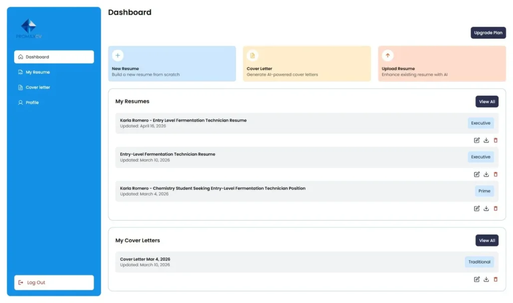“ProMaxCV dashboard showing options to create or upload a resume, generate a cover letter, and manage saved documents.”