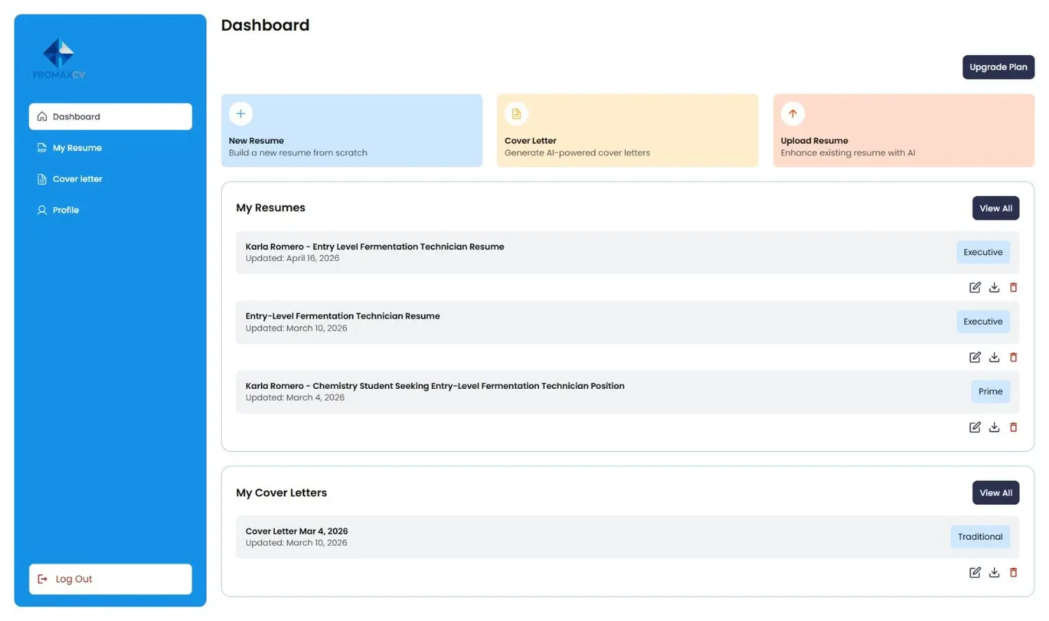 “ProMaxCV dashboard showing options to create or upload a resume, generate a cover letter, and manage saved documents.”