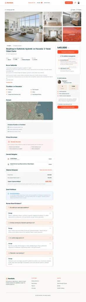 RentSafe apartment listing in Beşiktaş, Istanbul, showing property photos, amenities, monthly rent, landlord details and a location map.