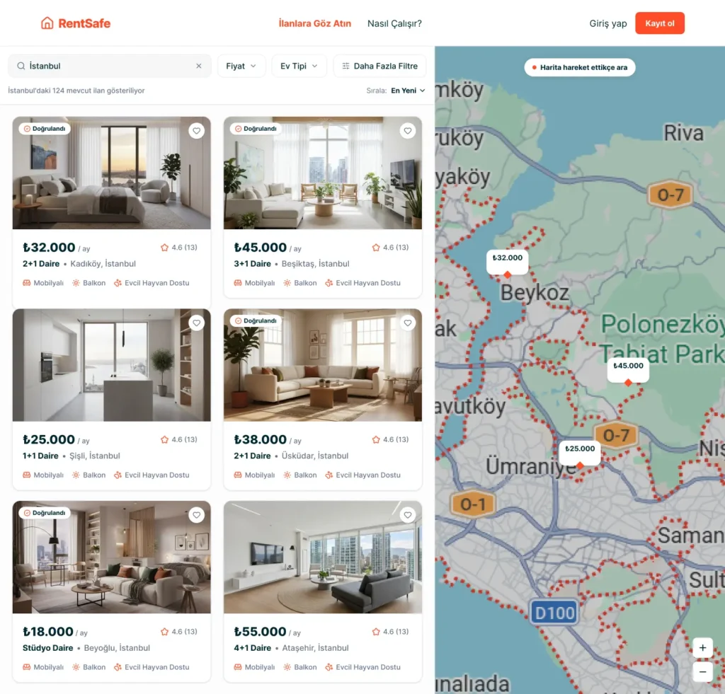 RentSafe rental search page showing Istanbul apartment listings, monthly prices, property filters and a map with price markers.