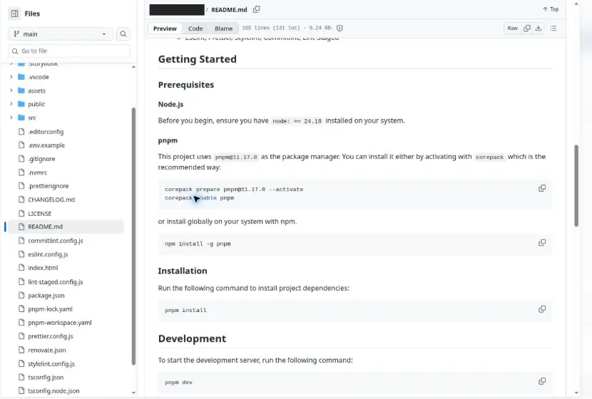 Repository README showing Node.js and pnpm prerequisites, package installation commands, and the command to start the development server.