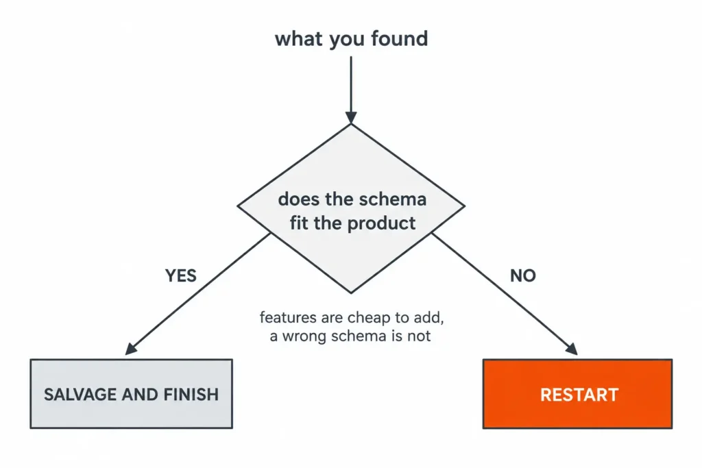 Decision diagram asking whether the schema fits the product. YES leads to “Salvage and finish”; NO leads to an orange “Restart” box. A note reads, “features are cheap to add, a wrong schema is not”.