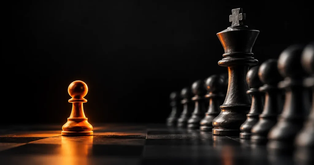 Startup positioning concept showing a smaller challenger facing an established market leader and larger competitor base