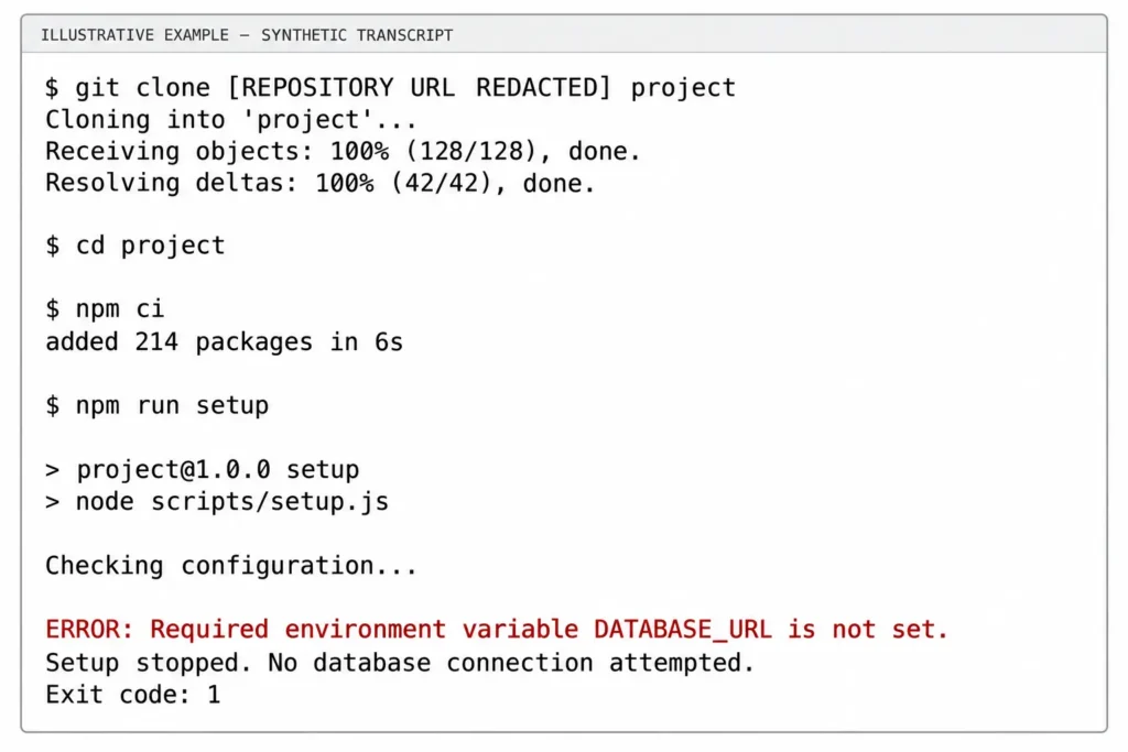 Synthetic terminal transcript showing repository setup failing because DATABASE_URL is missing, with the error highlighted in dark red.