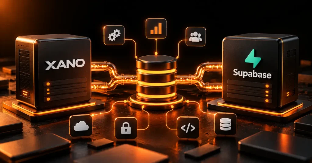 Xano vs Supabase comparison concept showing two scalable no-code backend platforms connected to shared app infrastructure